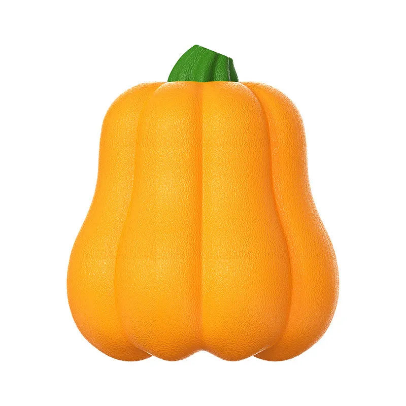 Pumpkin-coloured plastic dog chew toy with an attached rope for tugging and fetch.