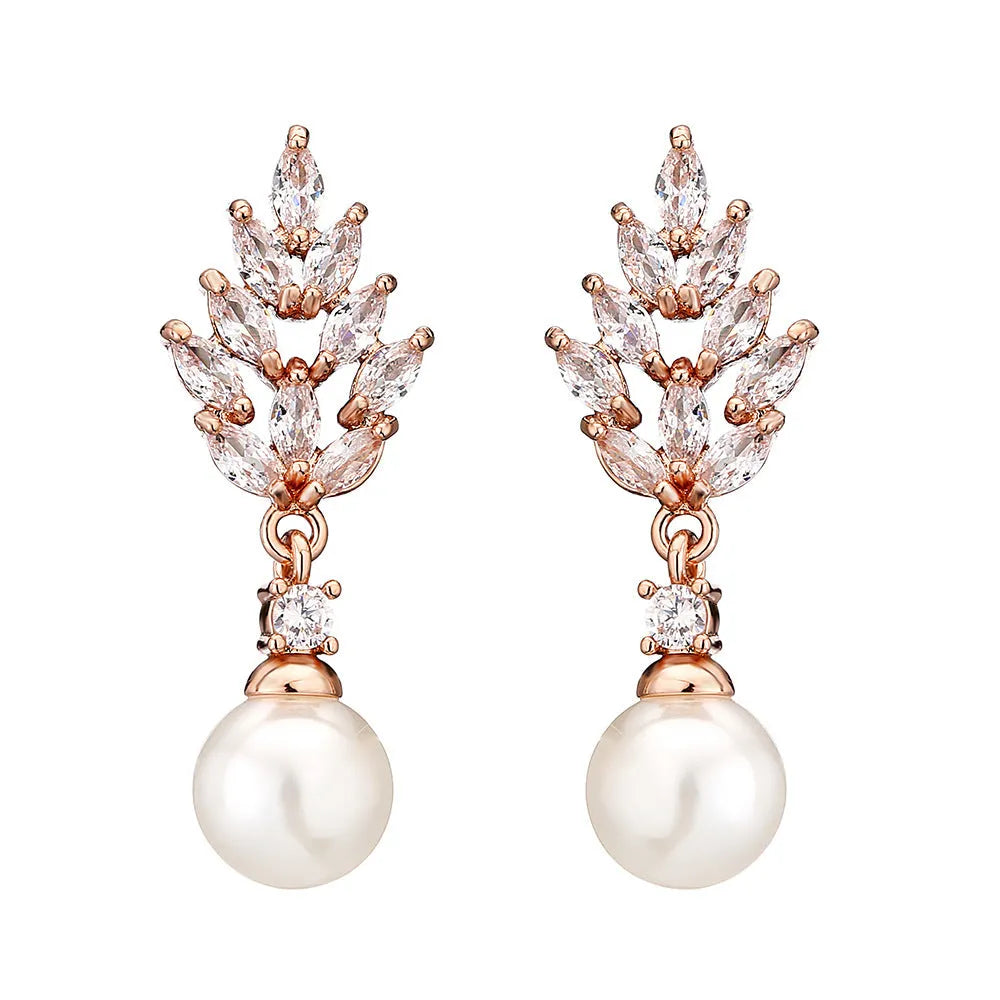 Geometric flower earrings with zircon stones and pearl accents in gold, white gold, or rose gold plating