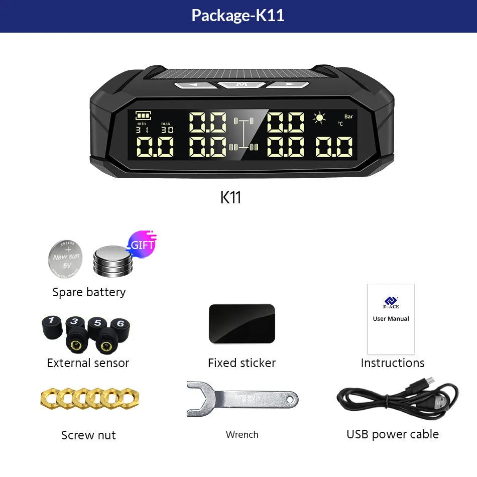 Solar external tyre pressure monitor with colour digital display and six sensors for RV and truck safety