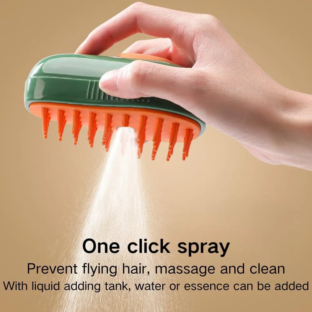 Green and white rechargeable cat steam brush with water spray tank and soft silicone bristles for pet grooming.
