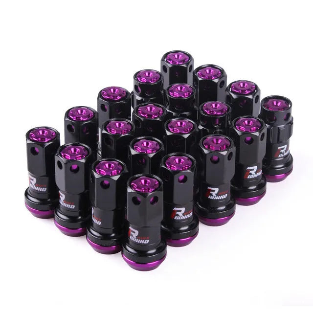 Set of forged aluminium alloy wheel hub nuts in various colours showing M12 thread.