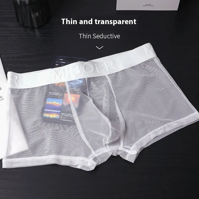 Men's thin invisible breathable boxer shorts in quick-dry polyester, shown in black colour