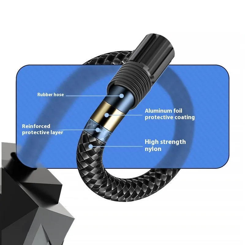 Black portable tyre inflator with digital display and LED light, powered by 12V car socket.