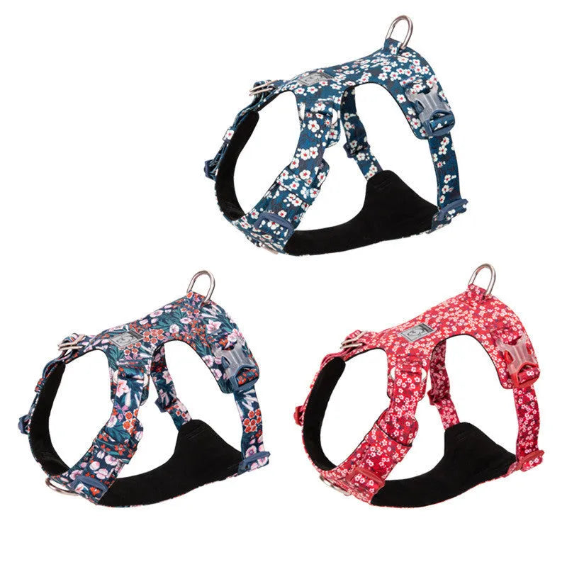 Pure cotton pet chest strap harness in floral colours with adjustable sizing for dogs