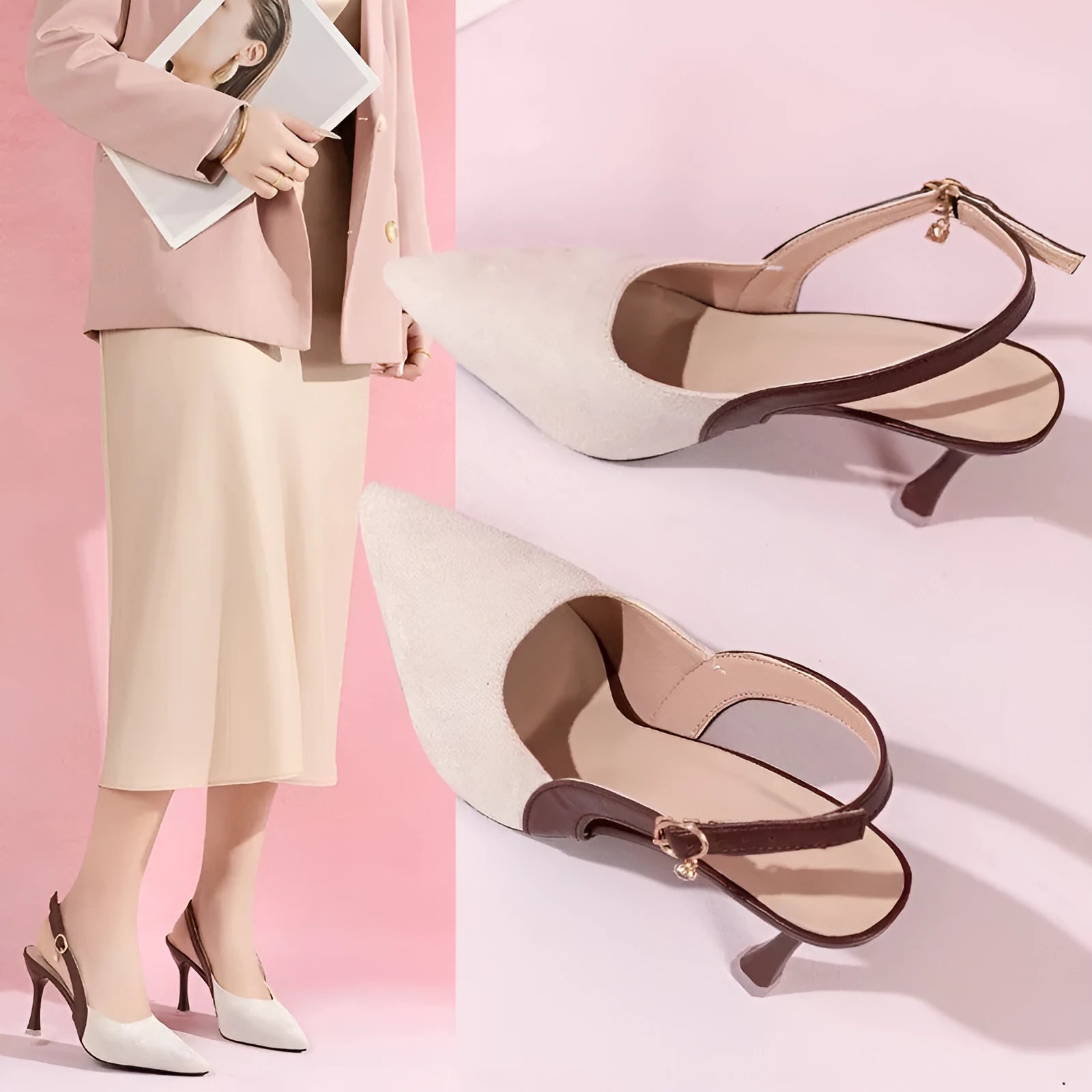 Women's colourblock pointed stiletto sandals in suede leather with rear empty toe cap and buckle fastening