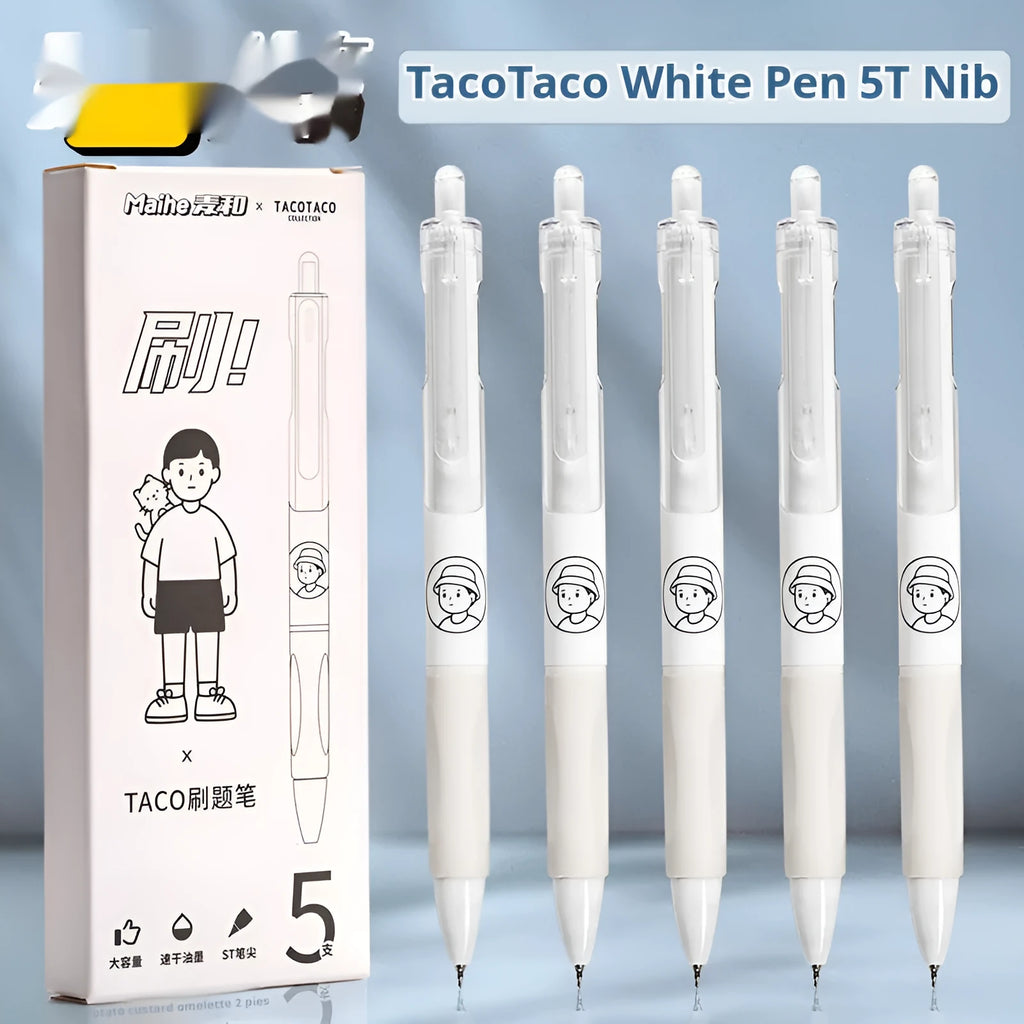 Five white ballpoint pens with 0.5mm tips and black ink
