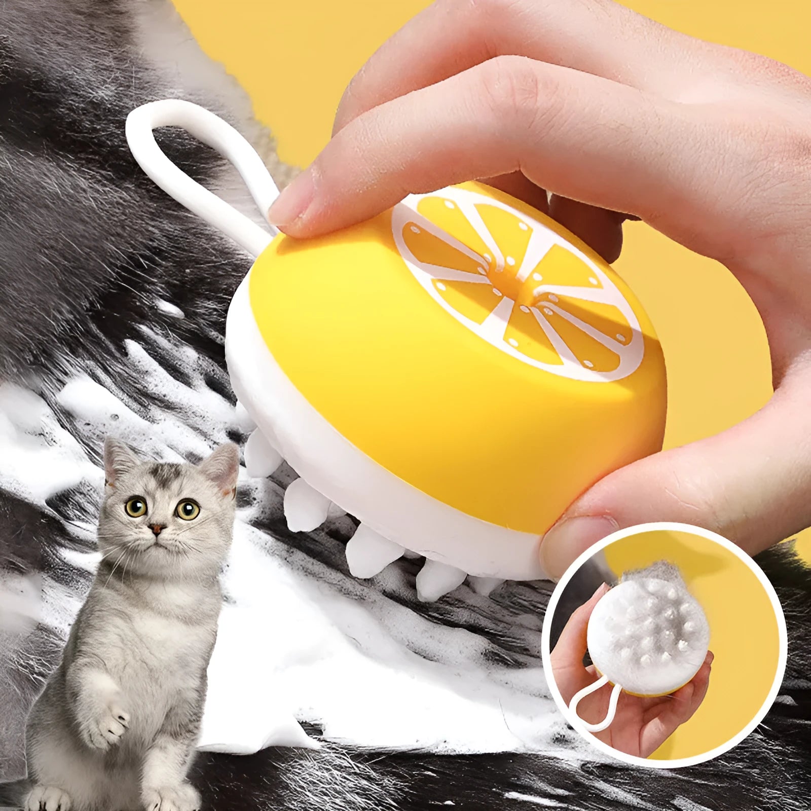Soft yellow silicone pet bath brush with massage nodes and comb bristles for dog and cat washing.
