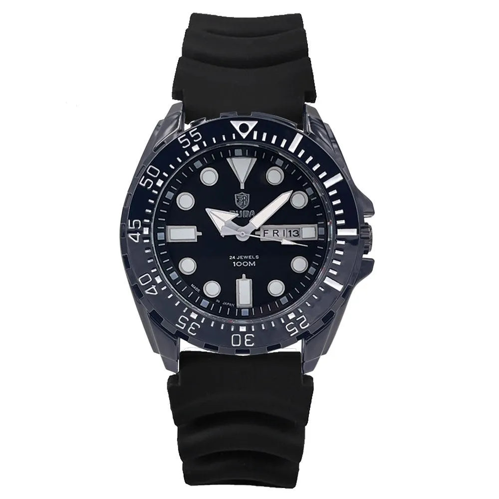 Men's waterproof quartz watch with luminous hands showing blue dial and steel bracelet option