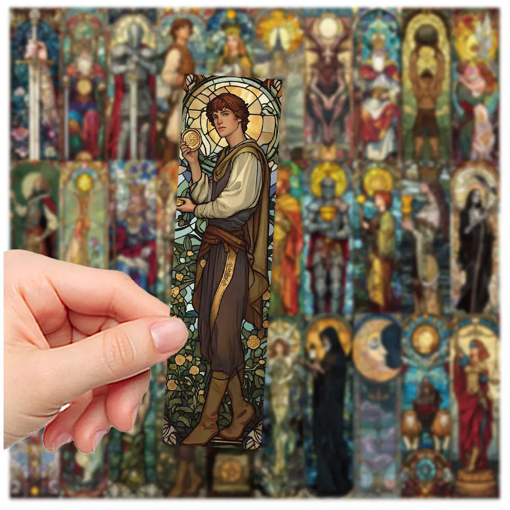 Set of 30 tarot card bookmarks with painted glass artwork designs on paper