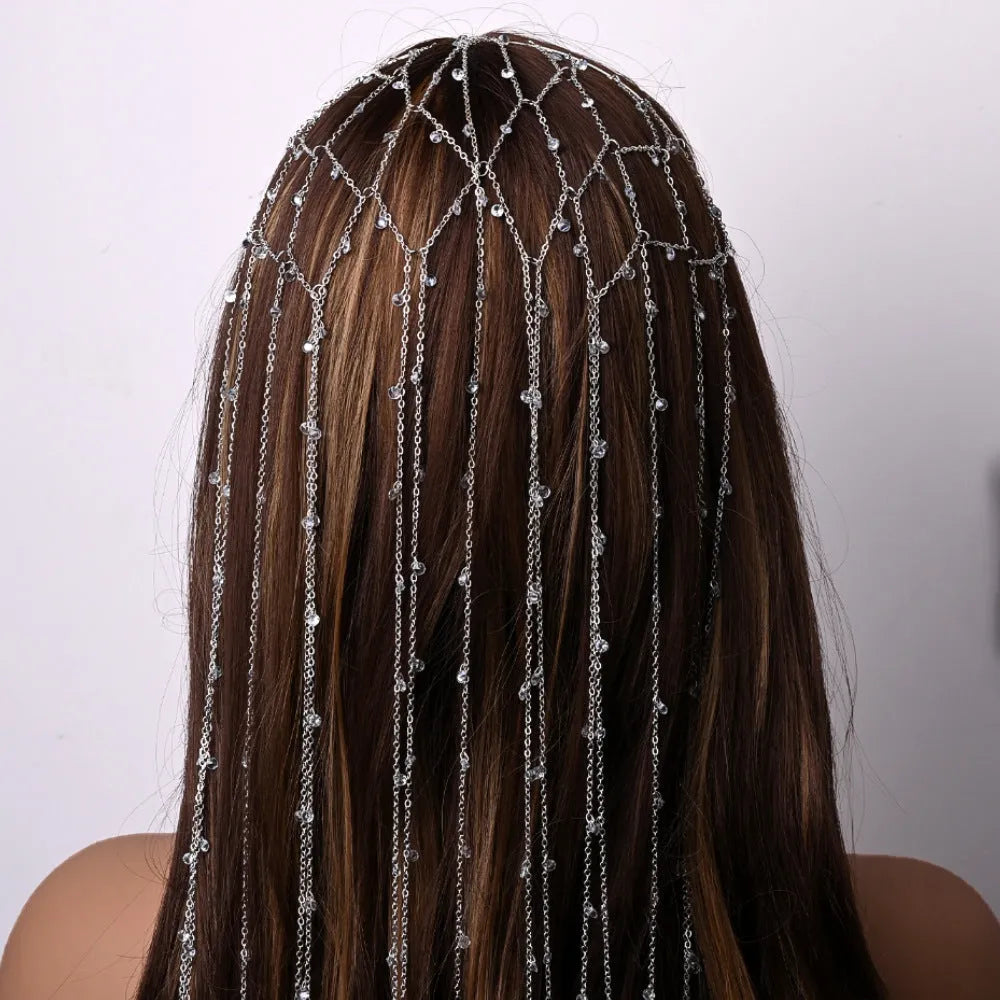 Gold or silver electroplated mesh rhinestone headband with decorative tassel hair accessory