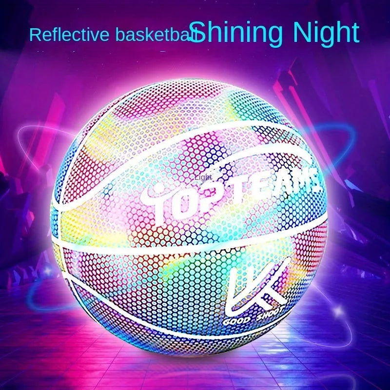 Chroma and white PU basketball with holographic reflective patches, size 7