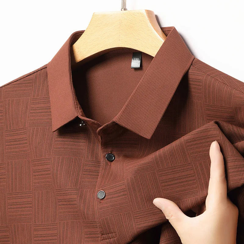 Men's slim fit lapel collar t-shirt in beige, made from a thin breathable fabric.