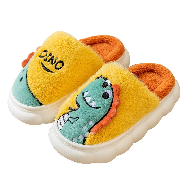 Cotton plush dinosaur print slippers for couples in grey, coffee, and orange designs
