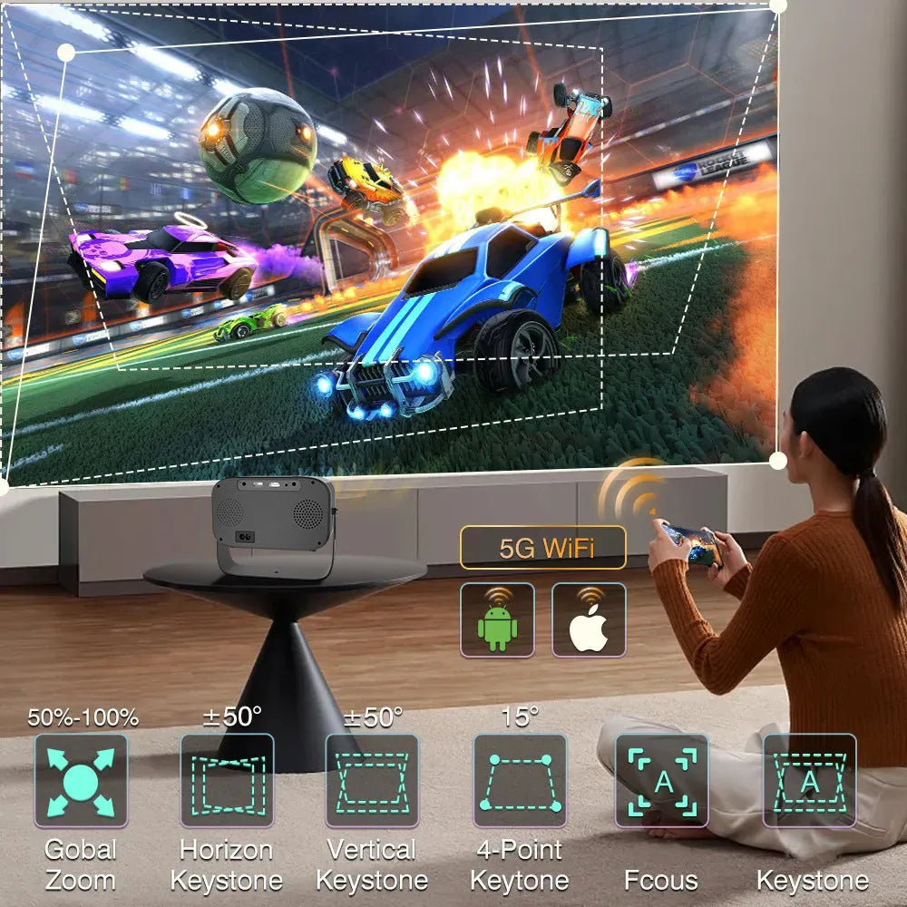 Black portable smart projector with remote control showing HD 1280x720 resolution and 150 lumens specifications