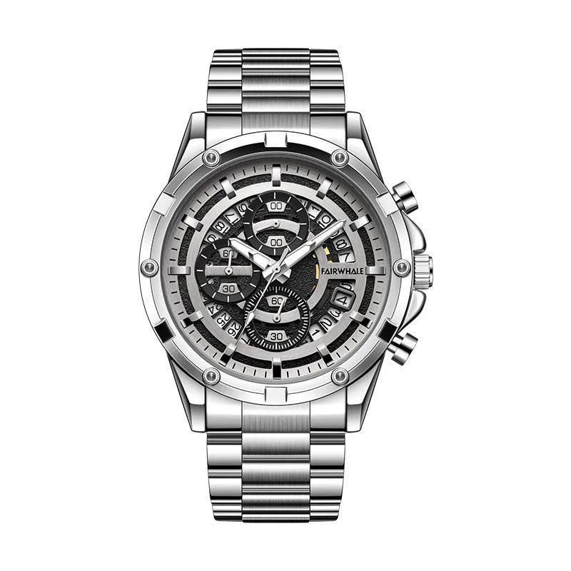Men's casual waterproof watch with luminous dial and stainless steel strap in three colour variants.