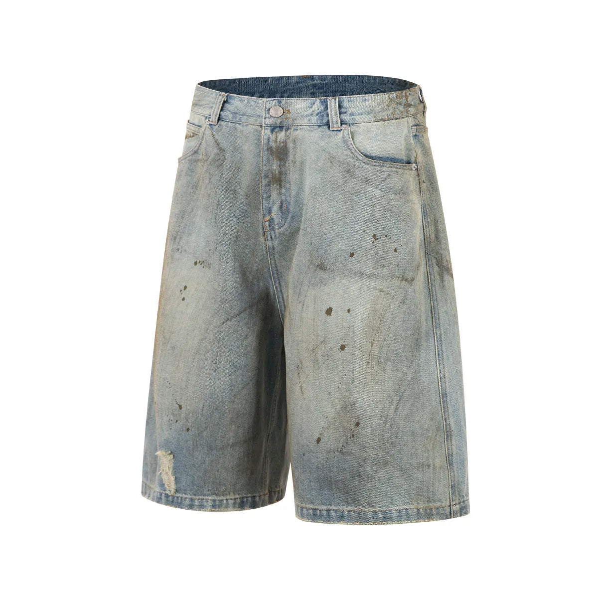 Blue washed cropped straight-leg denim jeans on a model, showing mid-length cut and street-fashion style.