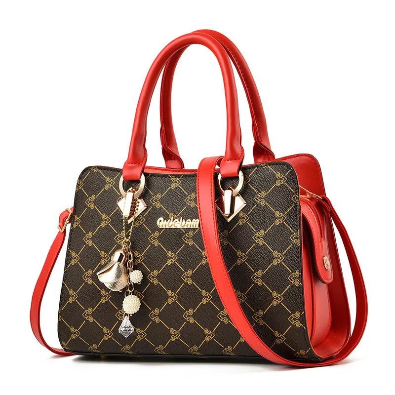 Geometric pattern ladies messenger bag in textured PU leather with zipper closure and interior card slots