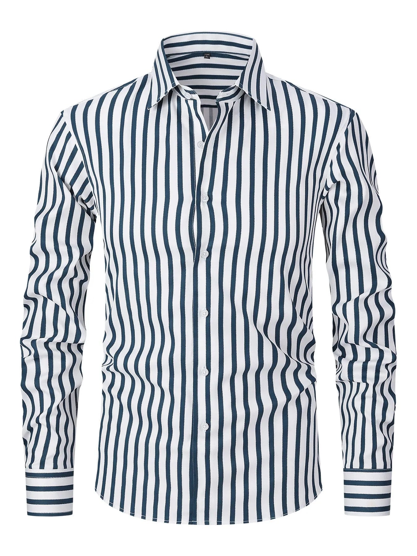 Men's slim fit striped long sleeve business shirt in polyester blend fabric on a hanger