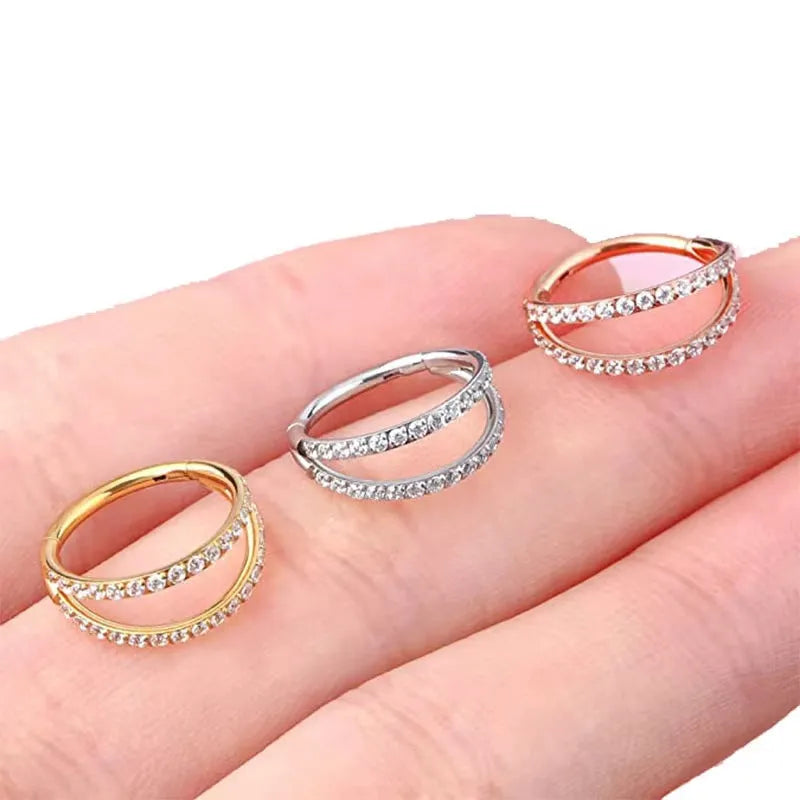 G23 titanium alloy lip and nose ring with zircon monoclinic diamond treatment in steel or gold colour options