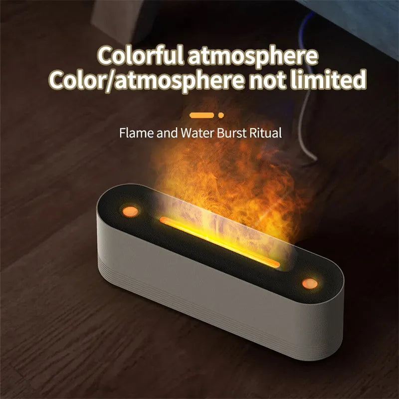 Black ultrasonic humidifier with colourful LED flame lighting and water mist output
