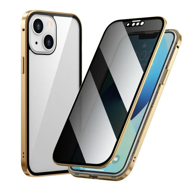 Magneto privacy-proof phone case with a double-sided metal frame, shown in a choice of colours for iPhone models.