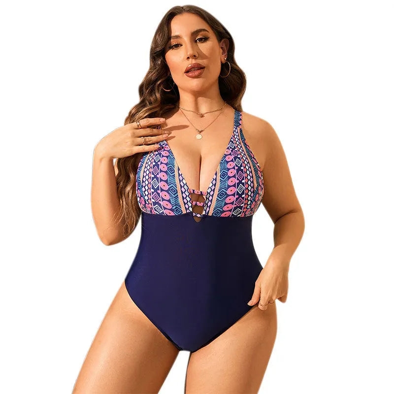 Leopard print plus size swimsuit with V-neck and belly cover feature for women