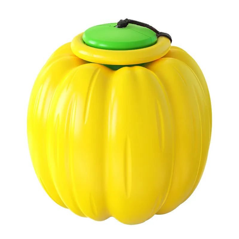 Green, orange, and yellow plastic pumpkin-shaped squeaky dog ball toy for small breeds.