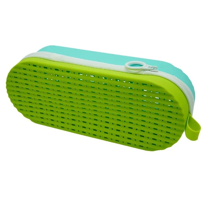 A soft silicone glasses case in a long hand shape, shown in a colour option like black or dark purple rose red.