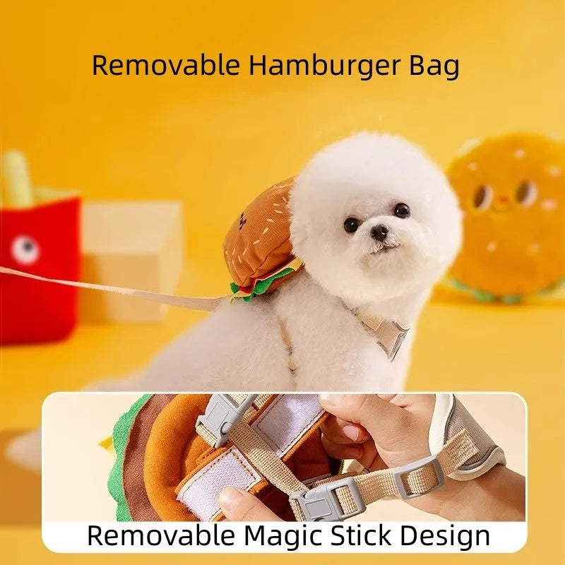 Cartoon hamburger chips design adjustable dog leash and escape proof vest with backpack harness.