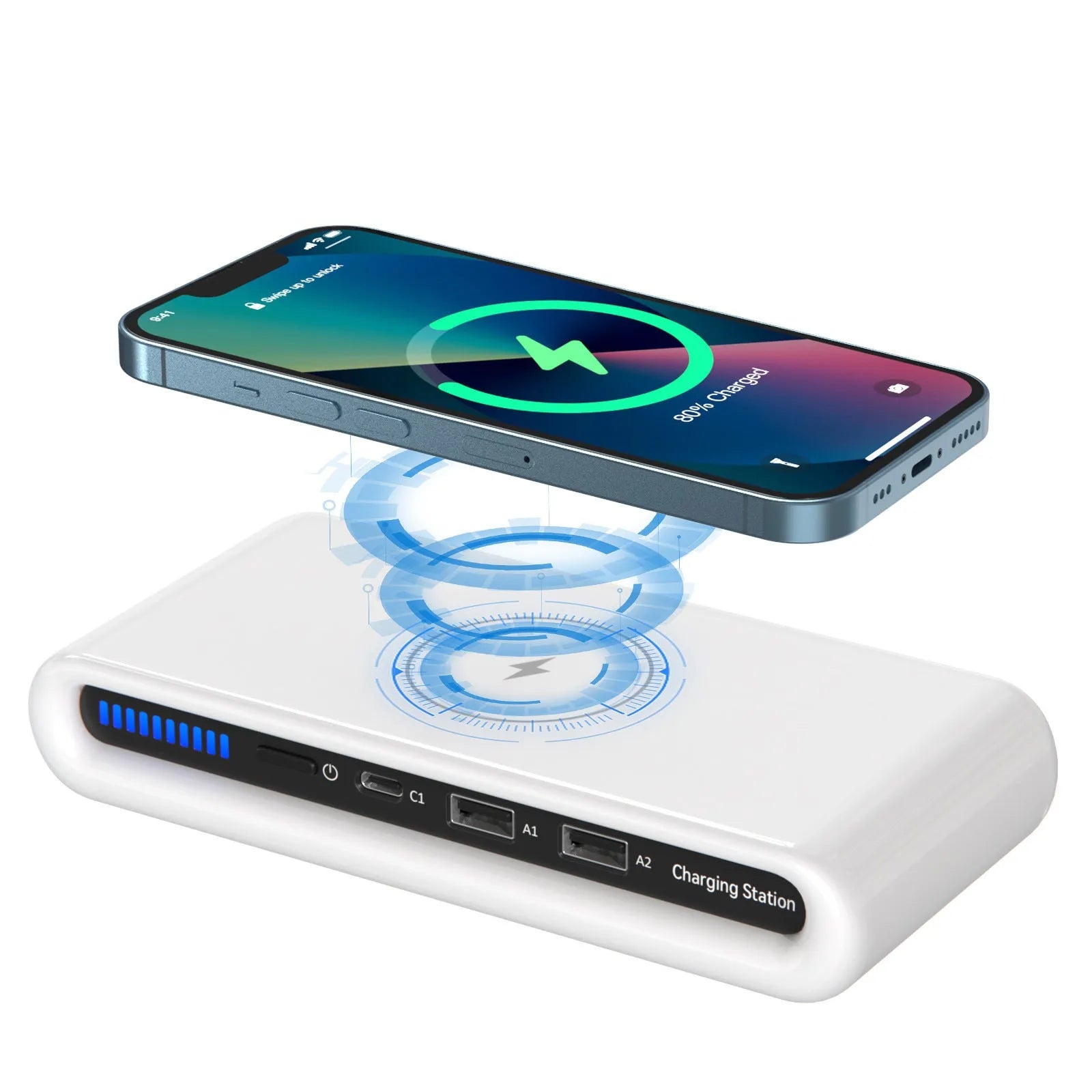 White 15W desktop wireless charger with eight colour ambient lighting modes showing phone charging