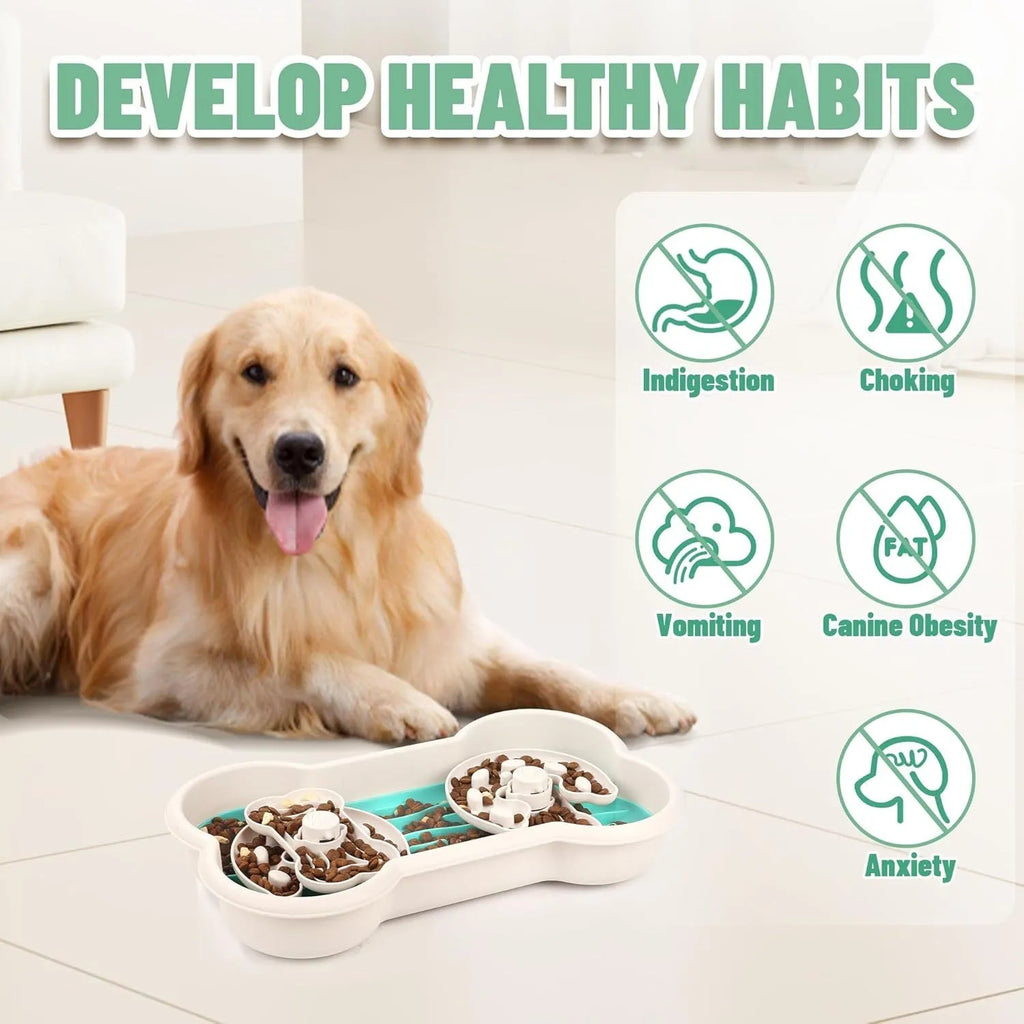 Large green slow feeder dog bowl with three separable puzzle trays for large breed dogs.