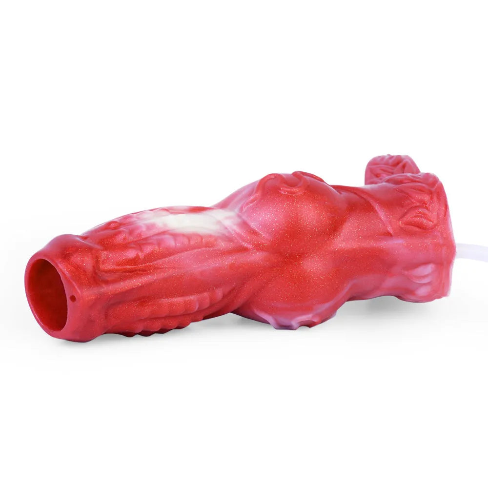 Water spray silicone exotic condom toy with syringe airbag system shown in M and L size options