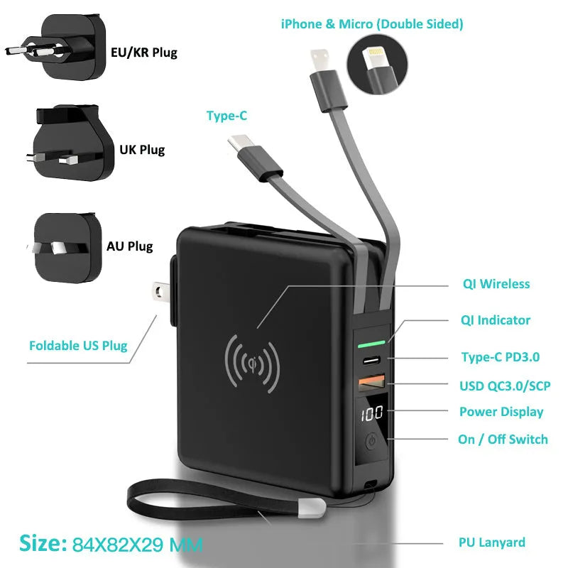 Super QI wireless charging power bank PD20W 10000mAh with travel adapter in black or white