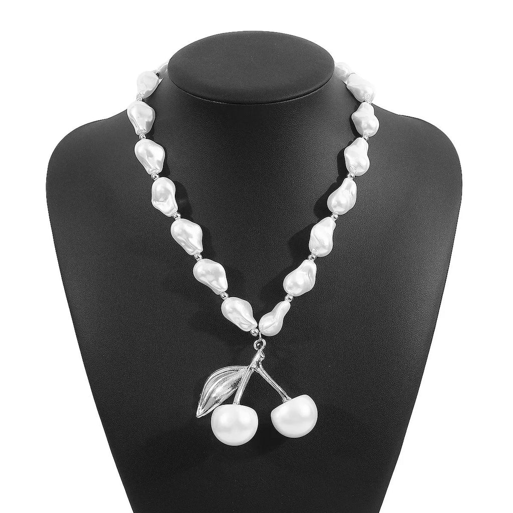 Women's adjustable pearl cherry fruit necklace with gold electroplated alloy pendant and geometric design