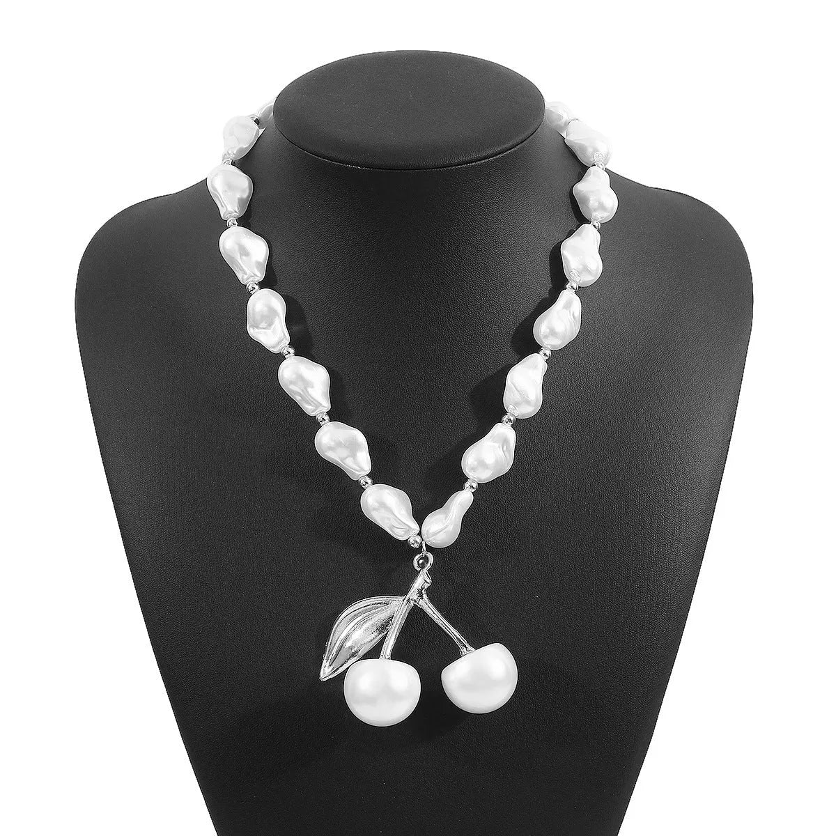 Women's adjustable pearl cherry fruit necklace with gold electroplated alloy pendant and geometric design