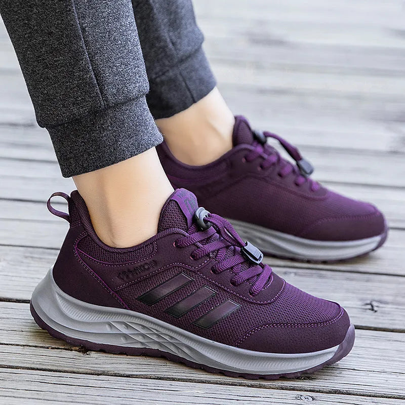 Breathable non-slip mum shoes with mesh upper and elastic band in black, dark grey, purple, and purplish red.