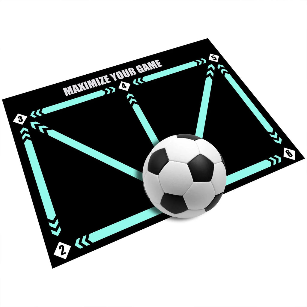 Black rectangular football training mat with non-slip surface measuring 60cm by 90cm