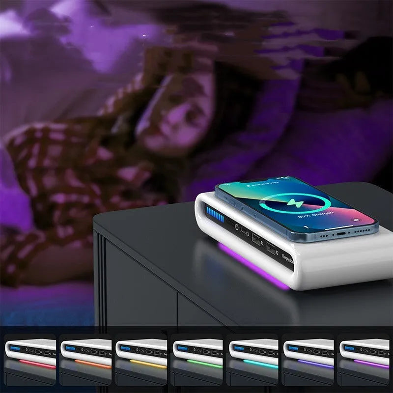 White 15W desktop wireless charger with eight colour ambient lighting modes showing phone charging