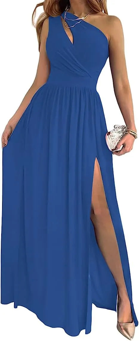 Women's one shoulder sleeveless maxi dress with cutout and high side split in soft fabric.