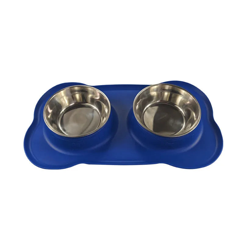 Large elevated silicone dog bowl with stainless steel insert in choice of colours on a kitchen floor.
