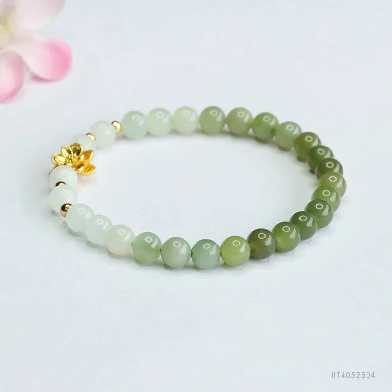 Hand-woven Hetian jade gradient bracelet with lotus beads, 17cm length
