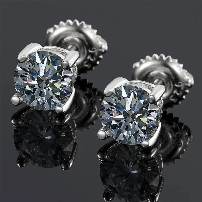 Geometric silver screw fastening moissanite stud earrings with four claw setting