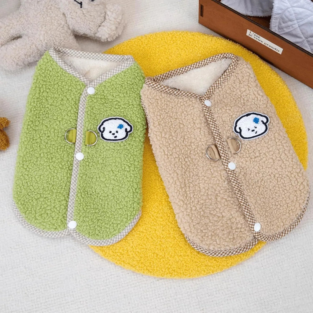 Green coral fleece dog sweatshirt vest with a leash ring on a small dog, showing a winter outfit.