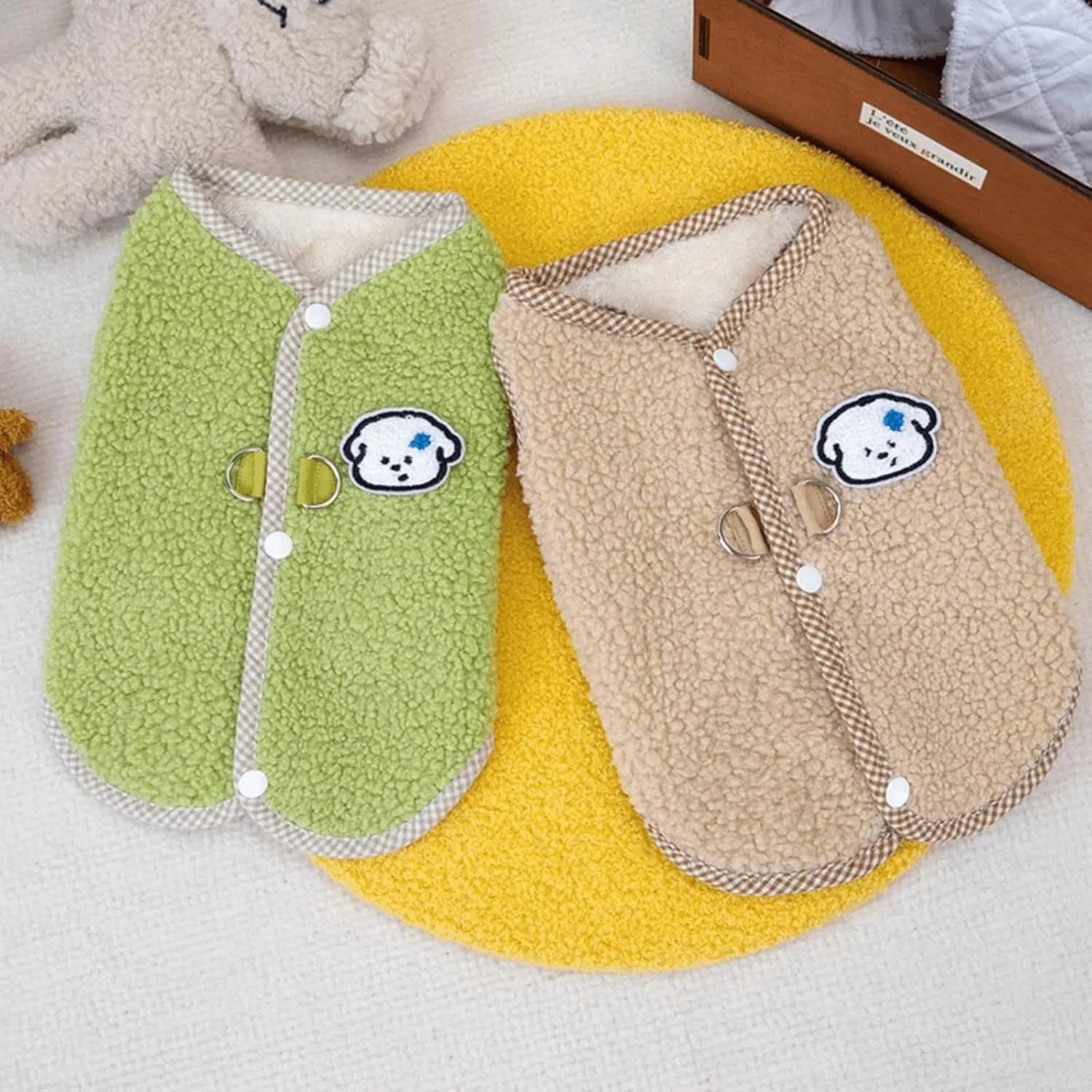 Green coral fleece dog sweatshirt vest with a leash ring on a small dog, showing a winter outfit.