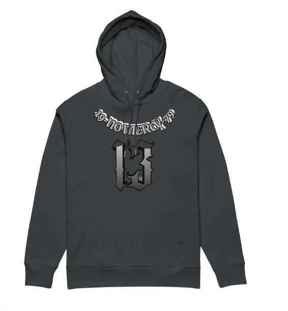 Loose fit grey hooded sweater with fleece lining, shown laid flat.
