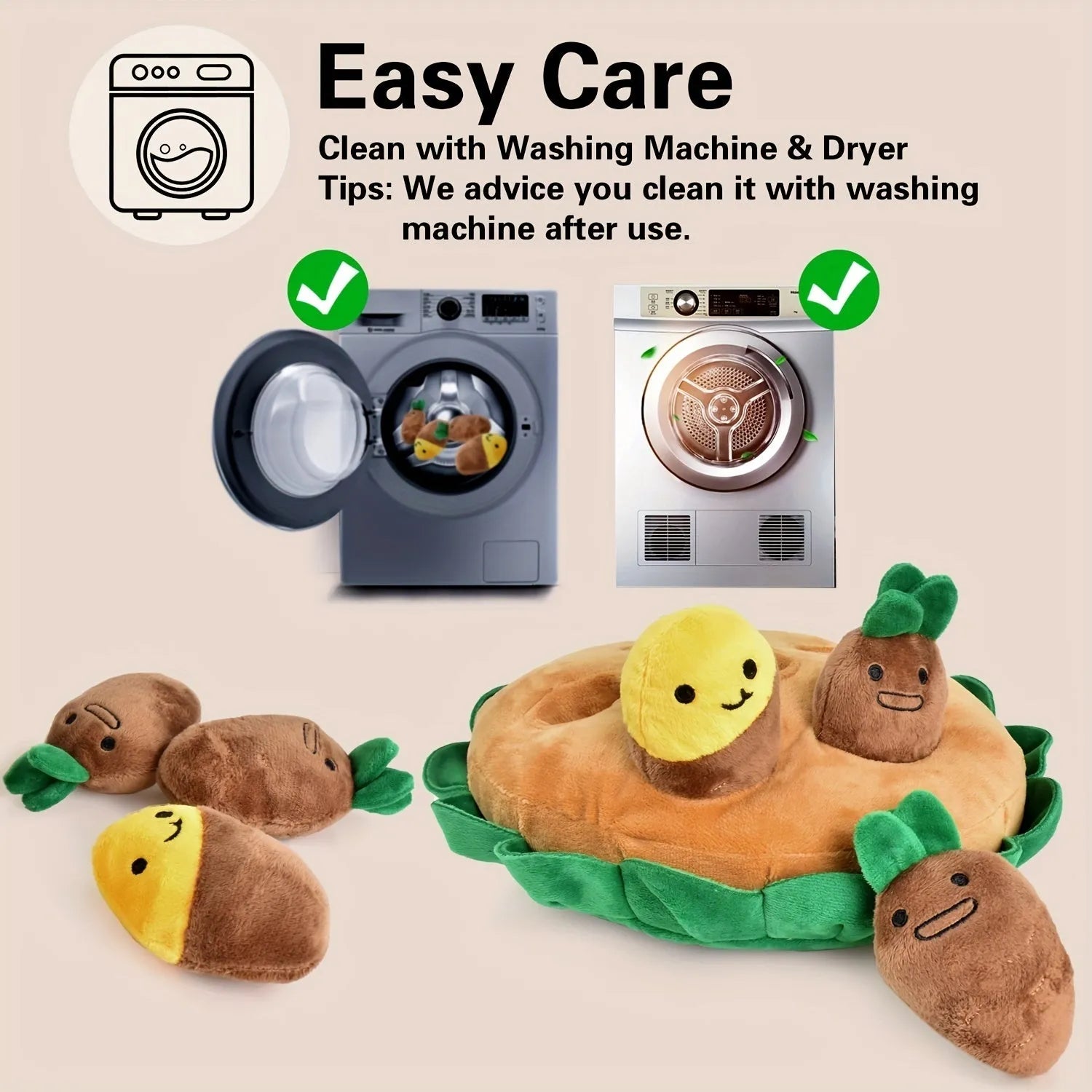 Yellow interactive dog puzzle toy with removable squeaky plush toys and foraging compartments
