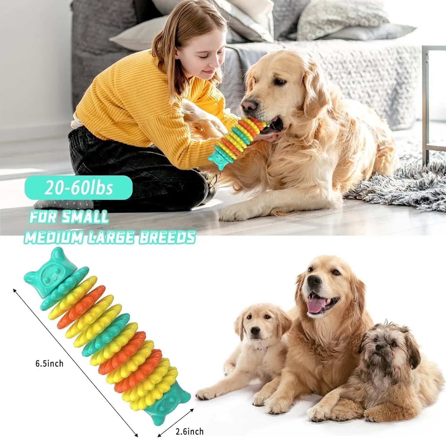 Blue green pink caterpillar-shaped natural rubber dog chew toy for aggressive chewers on a plain background.