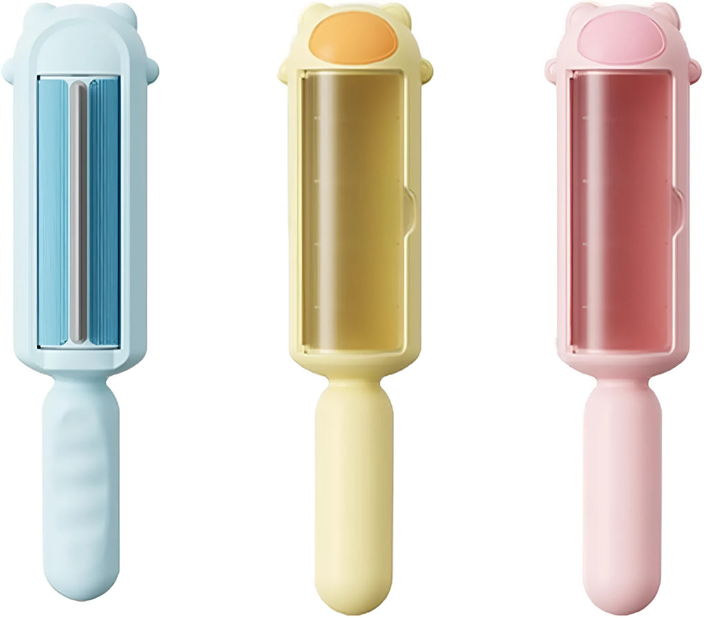 Blue reusable pet hair remover roller with a self-cleaning base on a fabric sofa.
