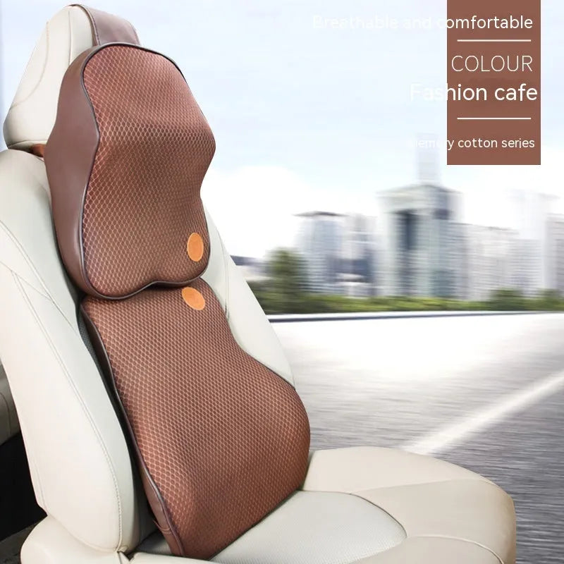 Black memory foam car headrest pillow and lumbar support pillow set on car seat