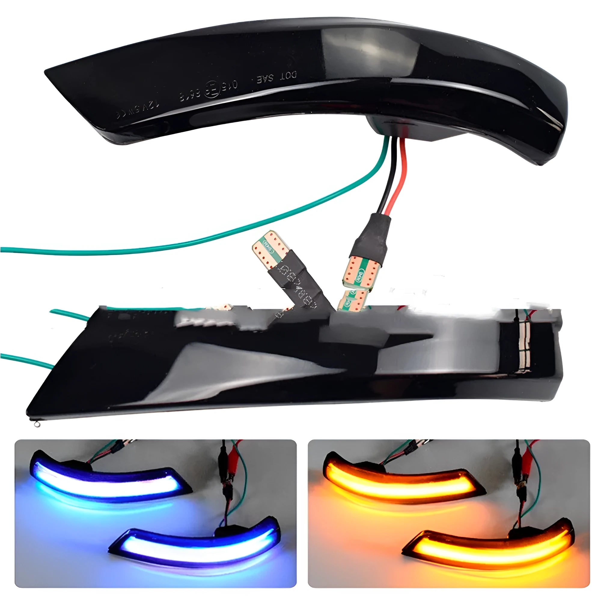 Pair of rearview mirror waterfall lights for Ford Focus and Mondeo showing sequential flow effect in yellow or two-tone blue.